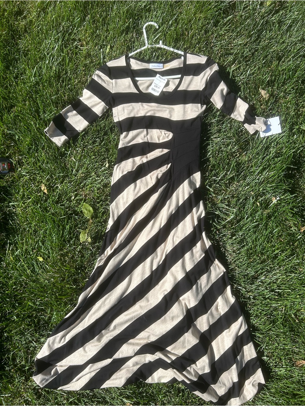 Calvin Klein Black and Cream Diagonal Stripe Maxi Dress